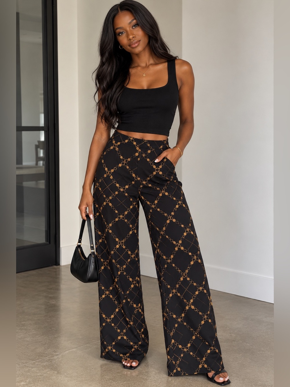 Zara Black Wide Leg Chain-Print Pants Sz Small